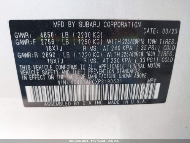 4S4BTAPCXP3190531 Subaru Outback Touring