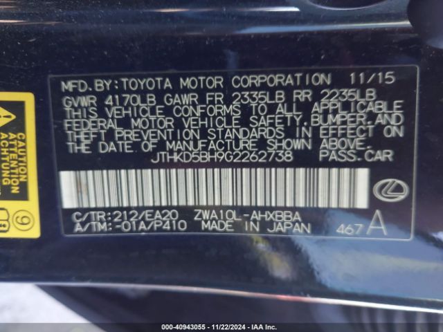 JTHKD5BH9G2262738 Lexus CT 200H