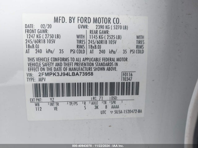 Ford EDGE SEL 2020 2FMPK3J94LBA73958 Image 9