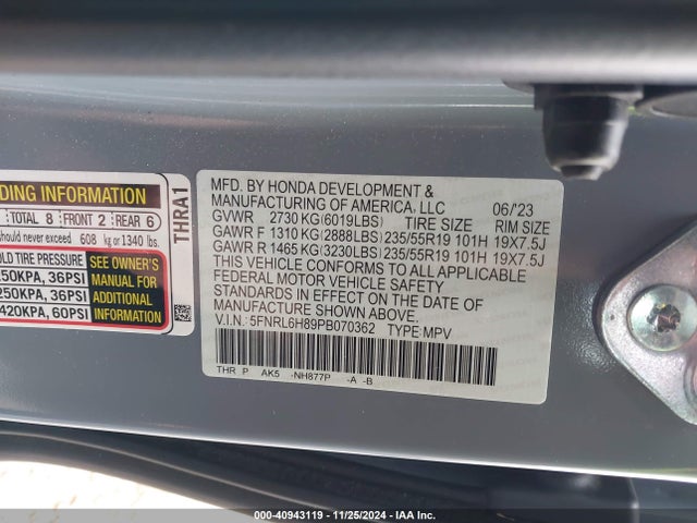 Honda Odyssey Touring 2023 5FNRL6H89PB070362 Image 9