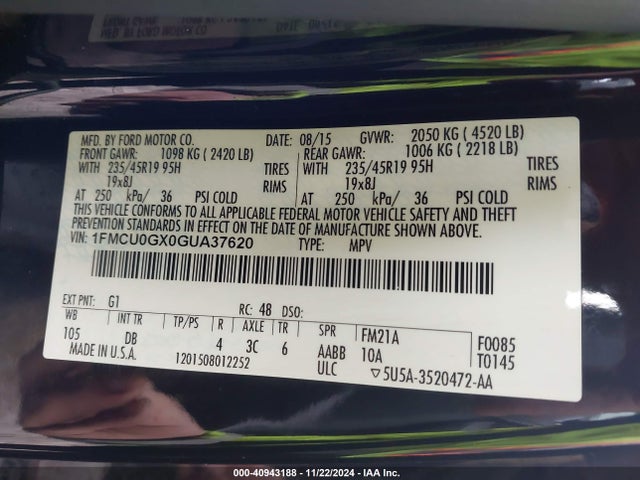 Ford ESCAPE SE 2016 1FMCU0GX0GUA37620 Image 9