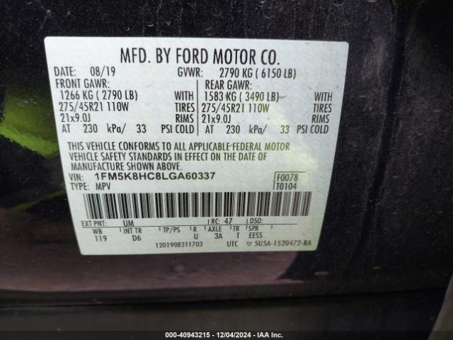 1FM5K8HC8LGA60337 Ford Explorer Platinum