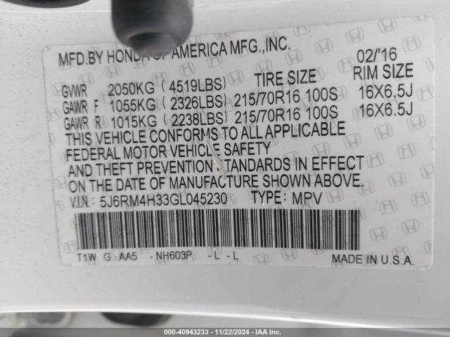 Honda CR-V LX 2016 5J6RM4H33GL045230 Image 9