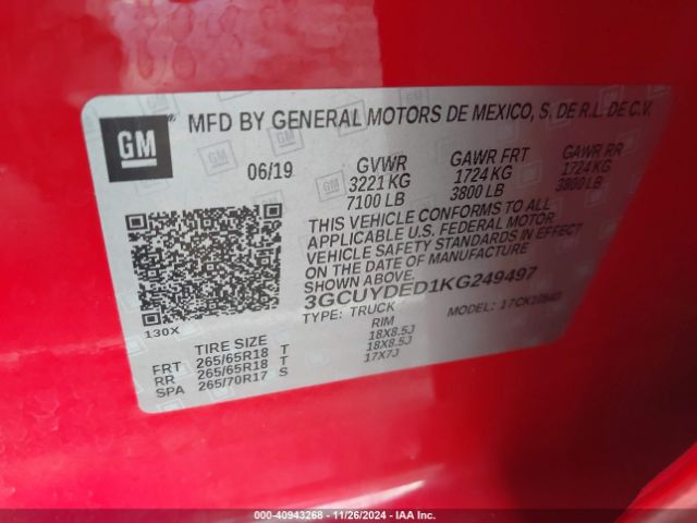 3GCUYDED1KG249497 Chevrolet Silverado 1500 Lt