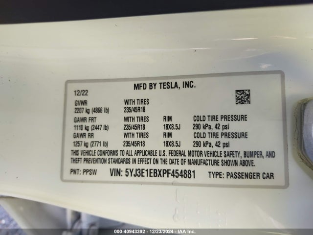 Tesla Model 3 Long Range Dual Motor All-wheel Drive 2023 5YJ3E1EBXPF454881 Image 9