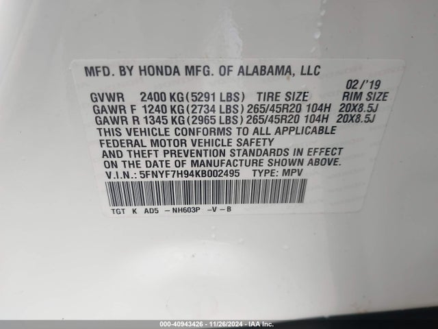 Honda Passport Touring 2019 5FNYF7H94KB002495 Image 9