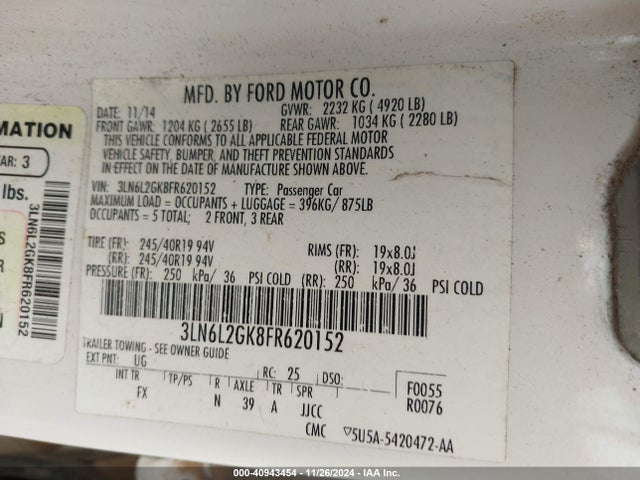 3LN6L2GK8FR620152 Lincoln MKZ