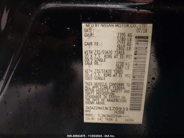 5N1AZ2MH3JN170939 Nissan Murano Platinum