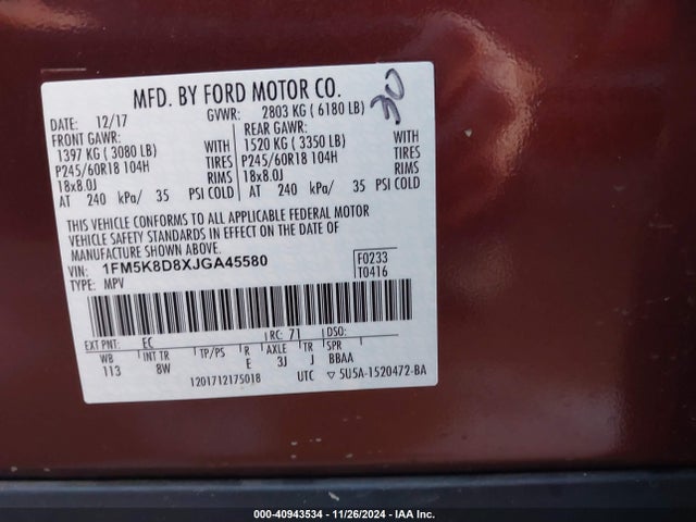 Ford EXPLORER XLT 2018 1FM5K8D8XJGA45580 Image 9