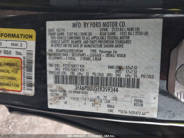 Ford Fusion Hybrid S 2014 3FA6P0UU5ER359344 Image 9