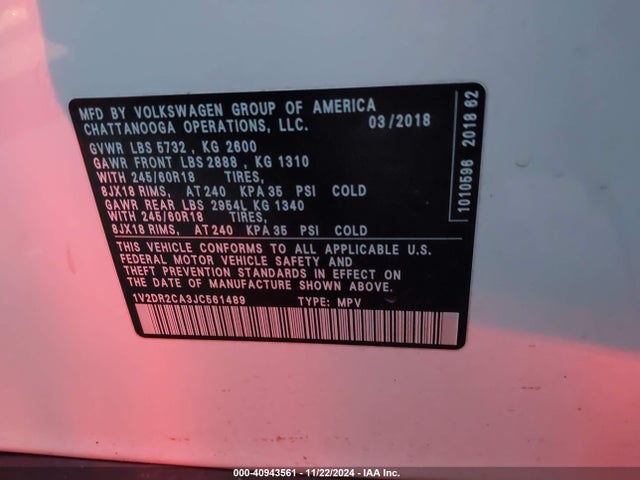 1V2DR2CA3JC561489 Volkswagen Atlas 3.6l V6 Se/3.6l V6 Se W/technology