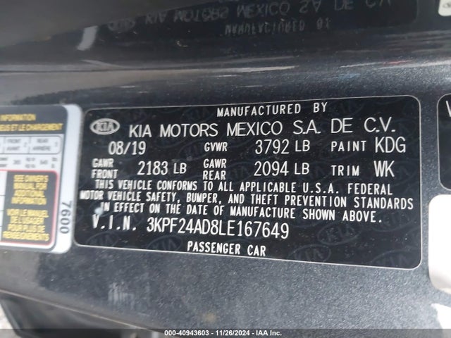 3KPF24AD8LE167649 KIA FORTE FE