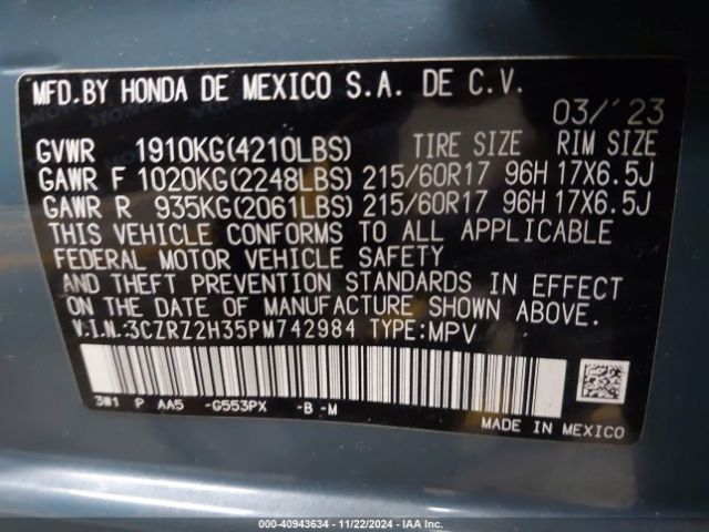 3CZRZ2H35PM742984 Honda Hr-v Awd Lx