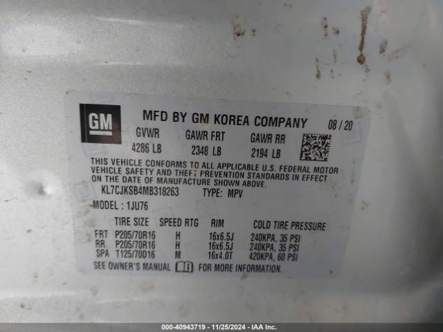 KL7CJKSB4MB318263 Chevrolet Trax Fwd Ls