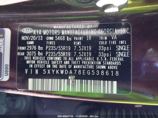 5XYKWDA78EG538618 KIA Sorento Sx V6