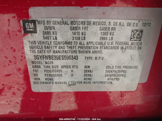 3GYFNBE39ES596343 Cadillac Srx Luxury Collection