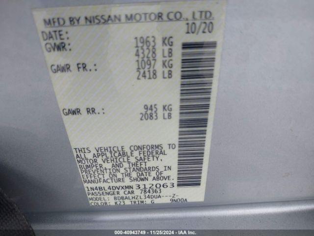 1N4BL4DVXMN312063 Nissan Altima Sv Fwd