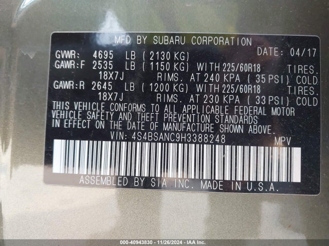 4S4BSANC9H3388248 Subaru Outback 2.5i Limited