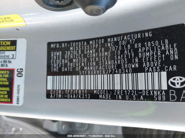 Toyota COROLLA LE 2018 5YFBURHE6JP740340 Image 9