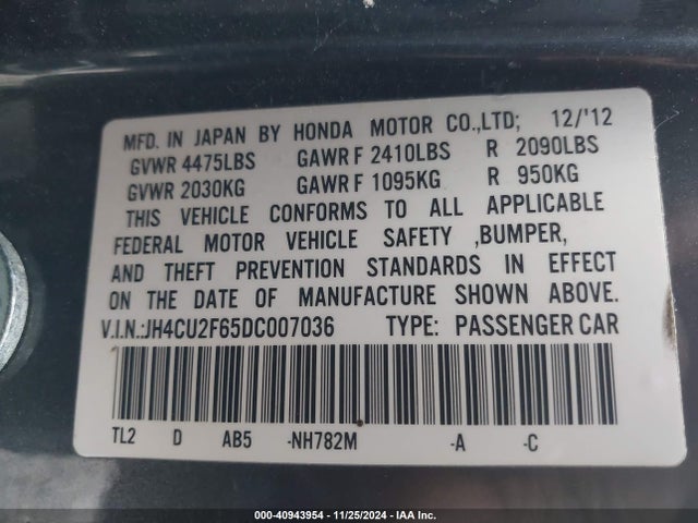 Продаж на аукціоні авто 2013 Acura Tsx 2.4, vin: JH4CU2F65DC007036, номер лоту: 40943954