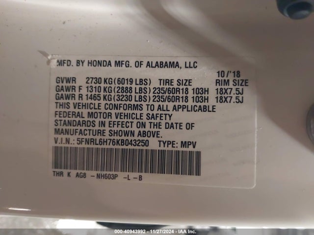 Honda Odyssey Ex-l 2019 5FNRL6H76KB043250 Image 9