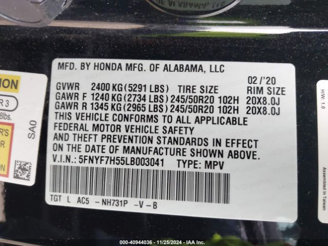 5FNYF7H55LB003041 Honda Passport 2wd Ex-l