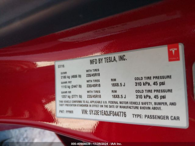 5YJ3E1EA3JF044776 Tesla Model 3 Long Range/mid Range