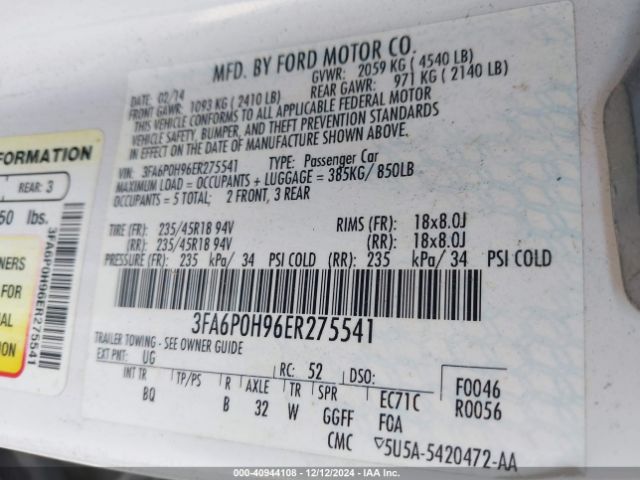 3FA6P0H96ER275541 Ford FUSION SE
