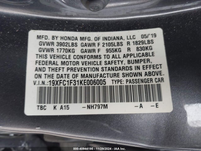 Honda CIVIC EX 2019 19XFC1F31KE006005 Image 9