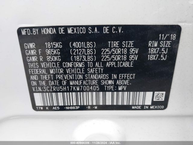3CZRU5H17KM700405 Honda HR-V SPORT