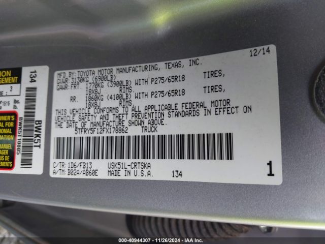 5TFRY5F12FX178862 Toyota Tundra Sr5 5.7l V8