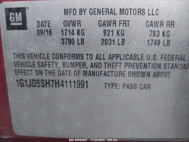 1G1JD5SH7H4111991 Chevrolet Sonic Lt Auto