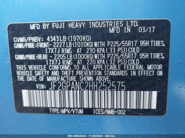 JF2GPANC2HH252575 Subaru Crosstrek 2.0i Limited