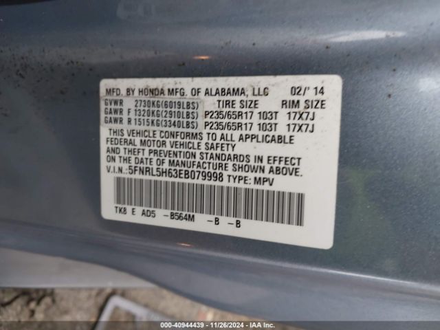 5FNRL5H63EB079998 Honda Odyssey Ex-l