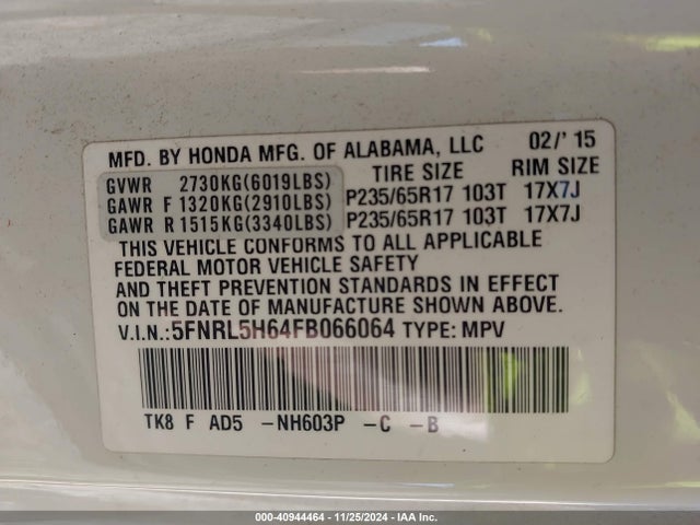 Honda Odyssey Ex-l 2015 5FNRL5H64FB066064 Image 9