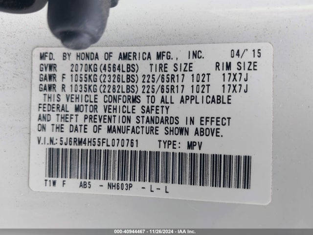 Honda CR-V EX 2015 5J6RM4H55FL070761 Image 9