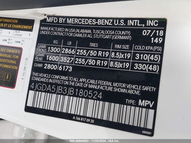 4JGDA5JB3JB180524 Mercedes-Benz GLE 350