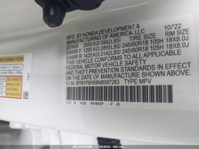 5FNYF6H58NB097283 Honda Pilot Awd Ex-l