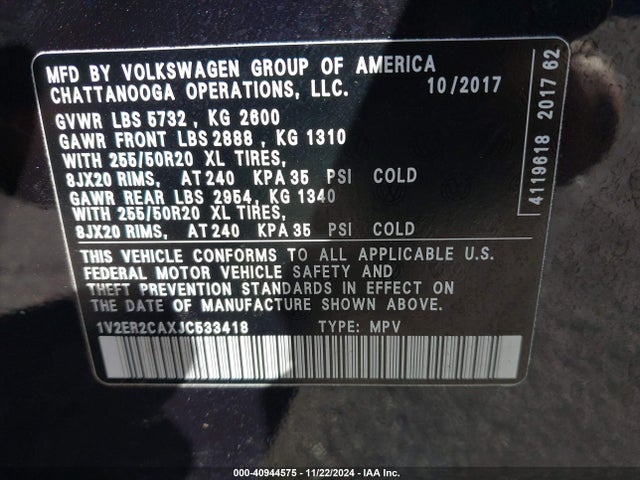 1V2ER2CAXJC533418 Volkswagen Atlas 3.6l V6 Sel