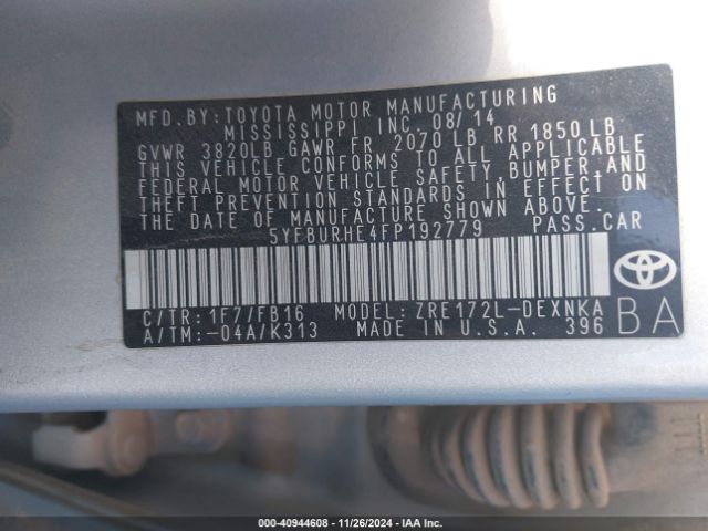 5YFBURHE4FP192779 Toyota Corolla Le Plus