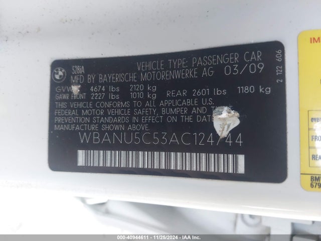 Продаж на аукціоні авто 2010 Bmw 528i, vin: WBANU5C53AC124744, номер лоту: 40944611