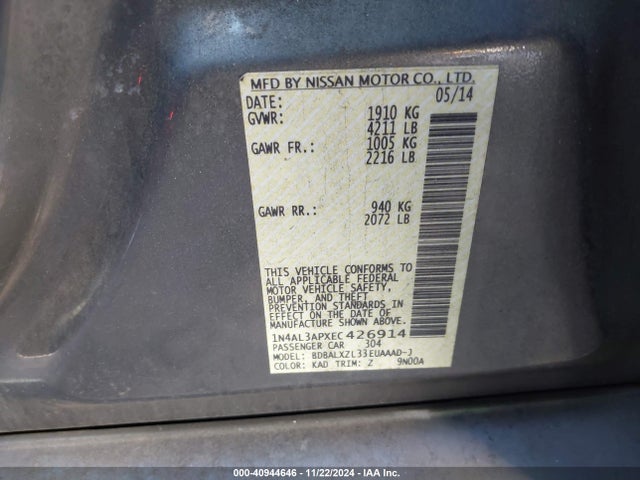 Nissan Altima 2.5 Sl 2014 1N4AL3APXEC426914 Image 9