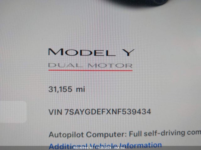 7SAYGDEFXNF539434 Tesla Model Y Performance Dual Motor All-wheel Drive