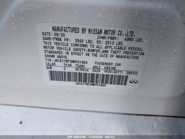 Aukcja sprzedaży 2021 Infiniti Q50 Luxe, vin: JN1EV7BP2MM701845, numer aukcji: 40944788