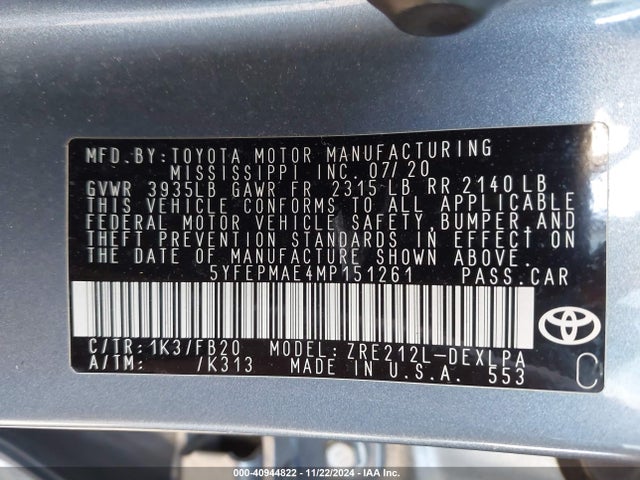 Toyota COROLLA LE 2021 5YFEPMAE4MP151261 Image 9
