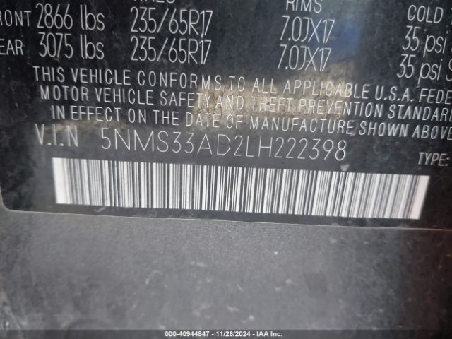 5NMS33AD2LH222398 Hyundai Santa Fe Sel