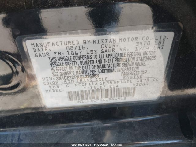 3N1CE2CPXGL386963 Nissan Versa Note Sv