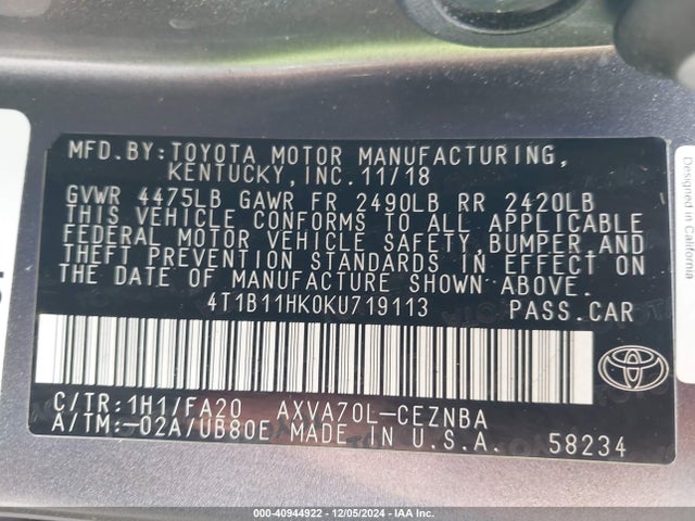Toyota CAMRY LE 2019 4T1B11HK0KU719113 Image 9