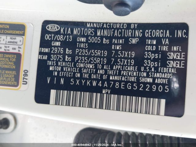 5XYKW4A78EG522905 KIA Sorento Limited V6