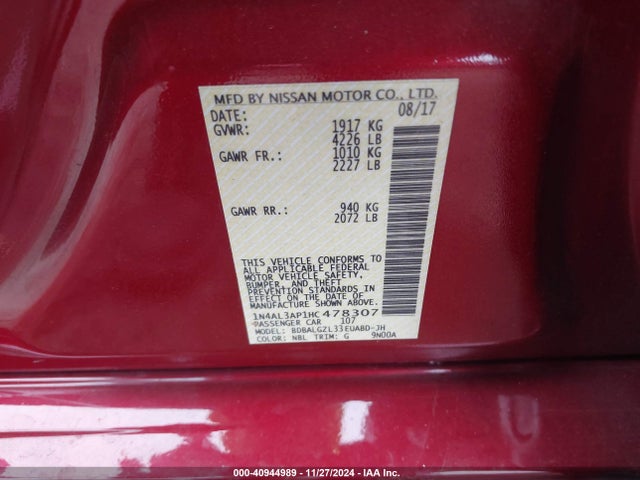 Nissan Altima 2.5 S 2017 1N4AL3AP1HC478307 Image 9